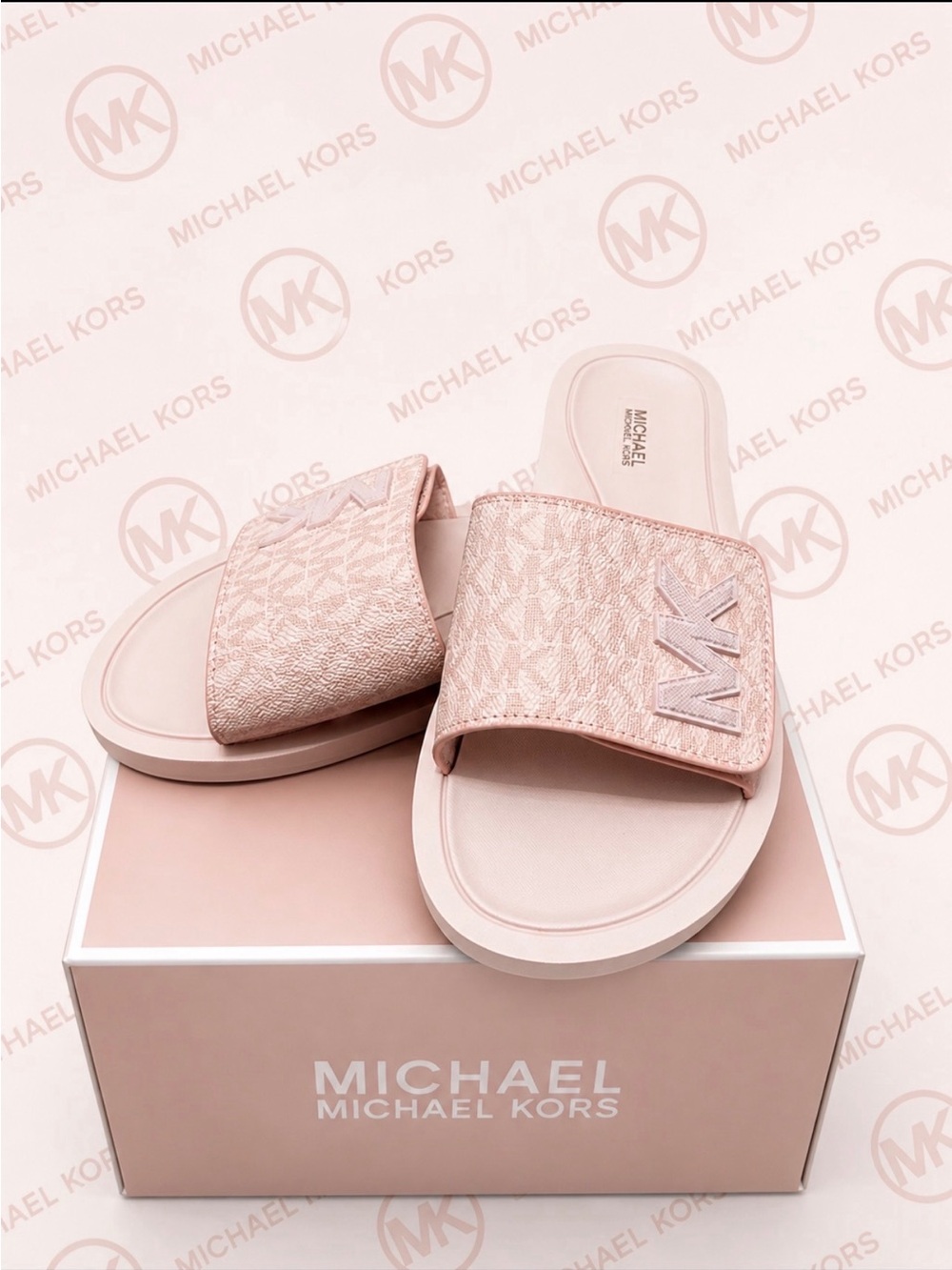 Michael Kors Blush Pink Glitter MK Slide Sandals - Picture 3 of 3